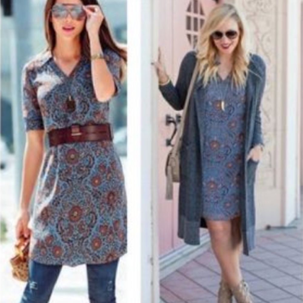 CAbi Provincial Blue & Brown Boho Print Tunic Style Dress Style 3295 XXS